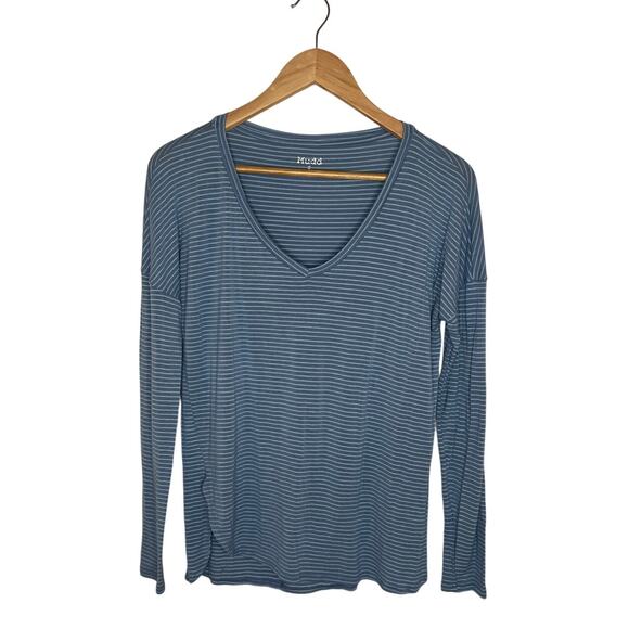 Mudd Women's Y2K Gray Blue Striped Long Sleeve Shirt Side Slit Size Small - Picture 2 of 9